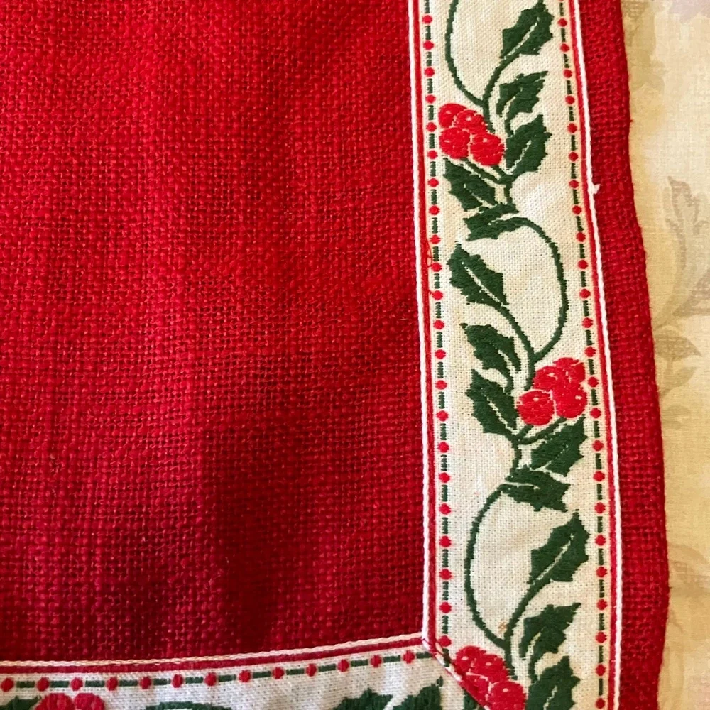 Vintage handmade holiday table runner 52” long holly and burlap